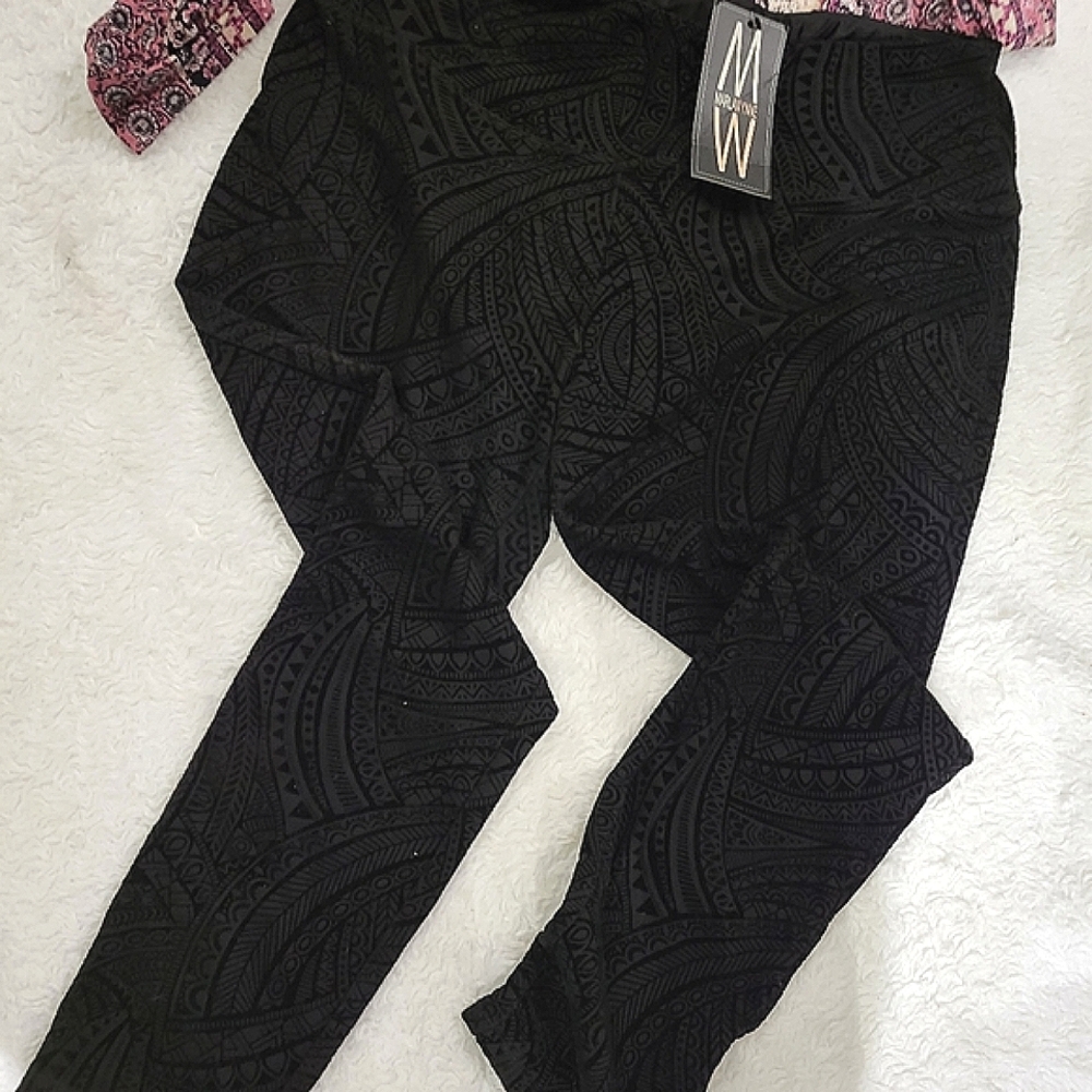 NWT Marla Wayne wide waist stretch Ponte pants with low pile velvet design. - Picture 1 of 9